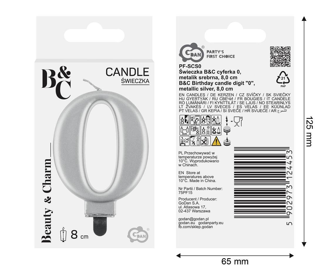 Birthday candle digit 0, metallic silver,  8 cm